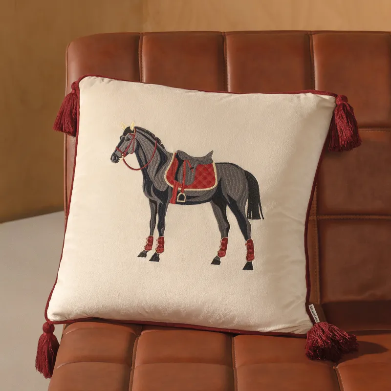 Decorative pillow, 45x45 cm, with tassels, velvet / lurex, burgundy-milk, Horse, Warhorse