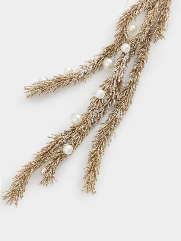 Decorative garland branch, 1.2 m, plastic / metal, champagne, Needles and beads, Conifer champagne, image-2