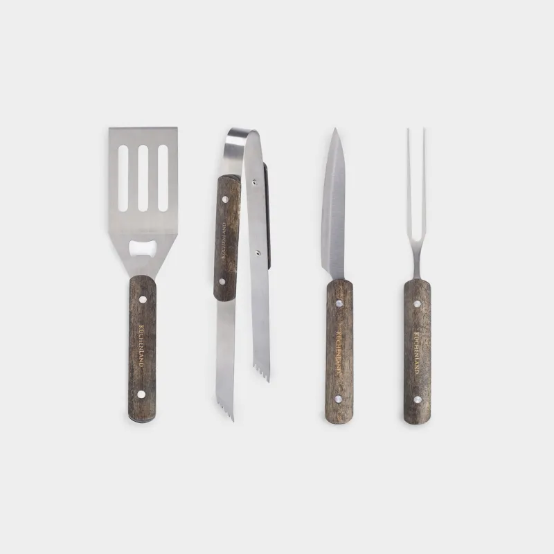 BBQ set, 4 items, in leather case, steel / wood / eco-leather, BBQ