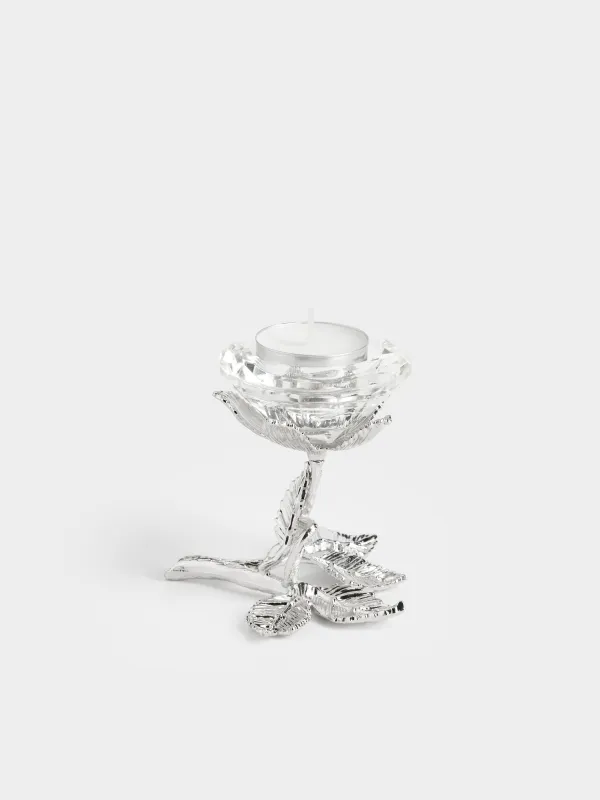 Candlestick, 9 cm, for tea / thin candle, on a leg, crystal glass / metal, Flower, Diamond, image-6