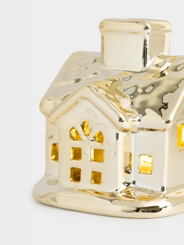 Statuette, illuminated, 8 cm, porcelain P, golden, House, House shape, image-3