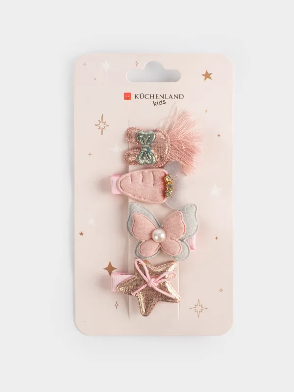 Hair clip set, 3 cm, 4 pcs, Children's, Polyester / Plastic, Pink, Butterfly, Gracile, image-3