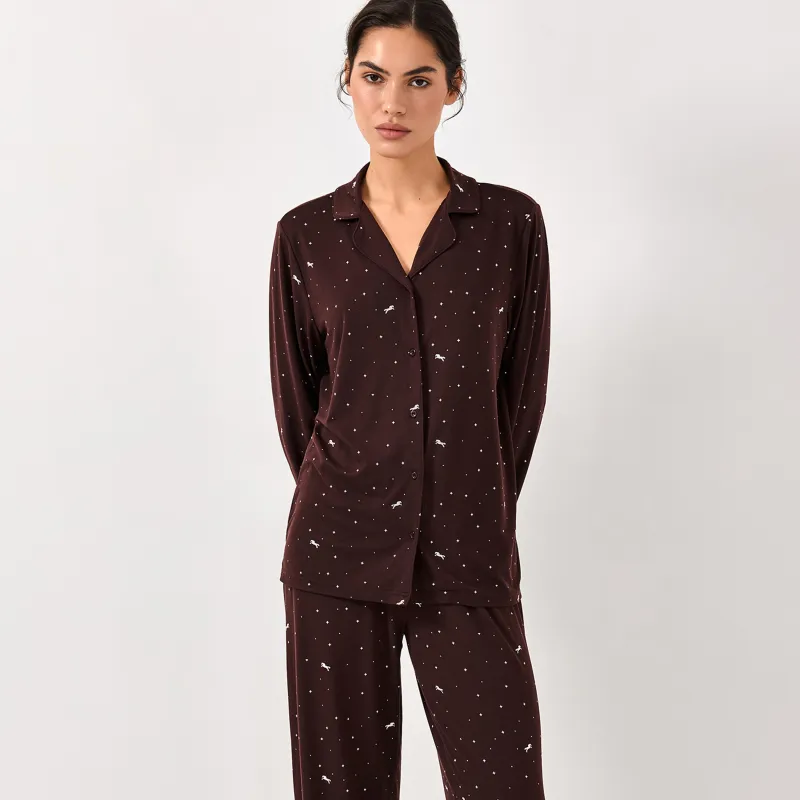 Women's shirt, homewear, size L, with long sleeves, polyester, black, Stars, Daisy