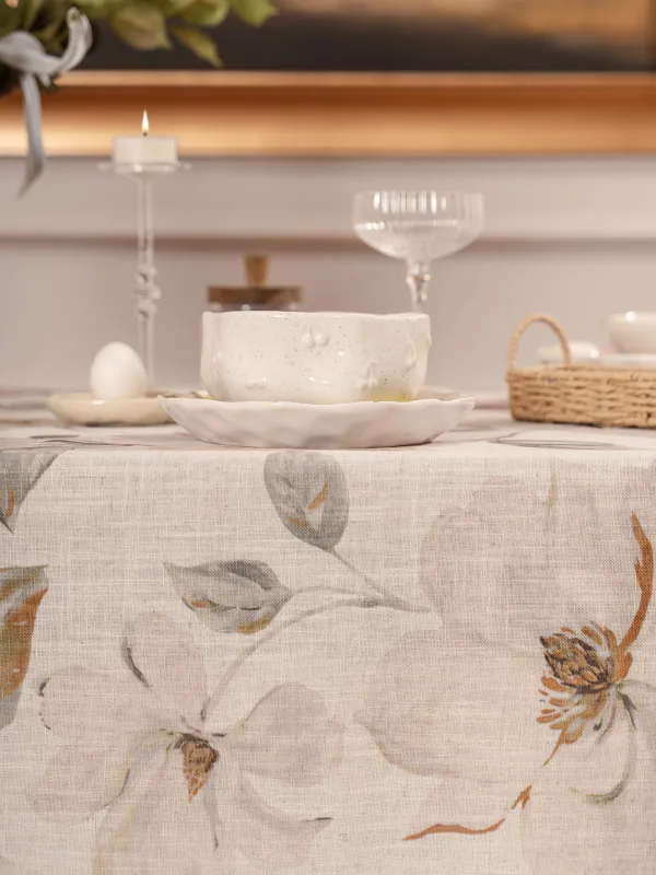 Tablecloth, 160x160 cm, polyester / linen, milk yellow, Flowers, Flowery flax, image-6