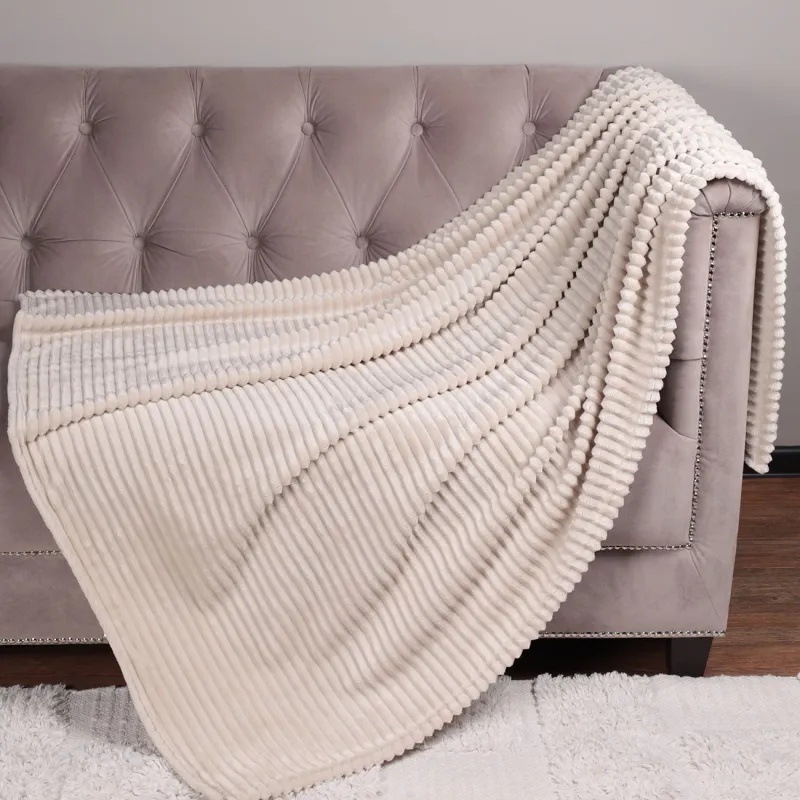 Plaid, 130x170 cm, flannel, sand, Voluminous stripes, Flannel