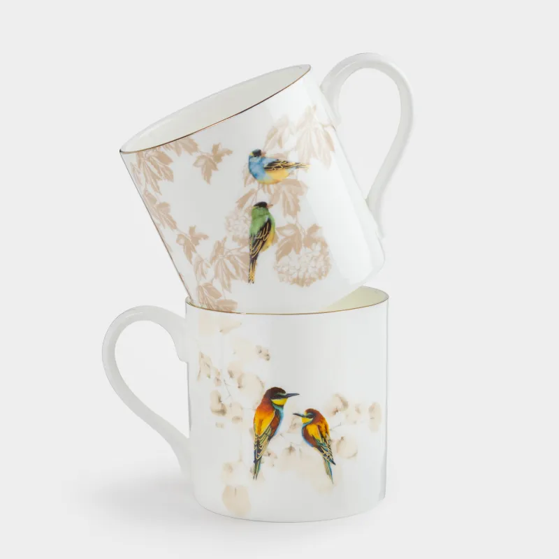 Mug, 380 ml, 2 pcs, porcelain F, with golden edging, Rainbow bee-eaters and goldfinches, Paradise bird
