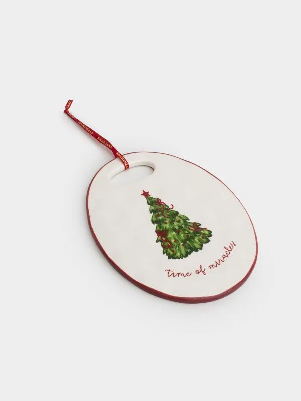 Hot trivet, 15x20 cm, ceramic / cork, Oval, Christmas tree with bows, Christmas tree, image-3