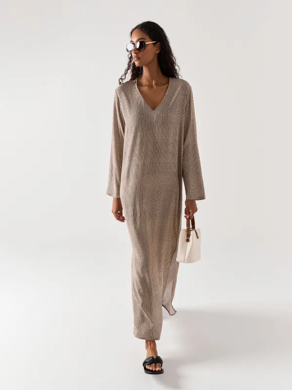 Women's dress, maxi, size S, with long sleeves, viscose, beige, Geometric Pattern, Emri, image-8