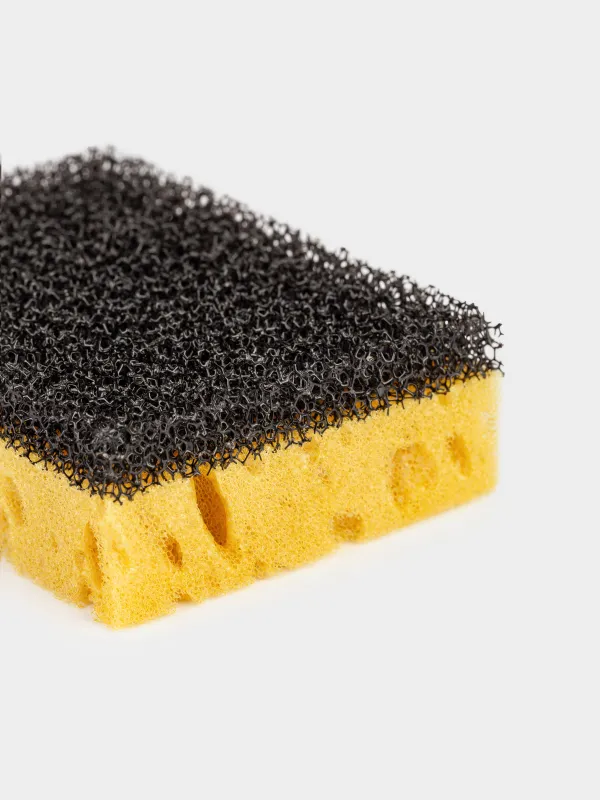Dish washing sponge, 10x7 cm, 3 pcs, foam rubber / abrasive, black and yellow, Black clean, image-3