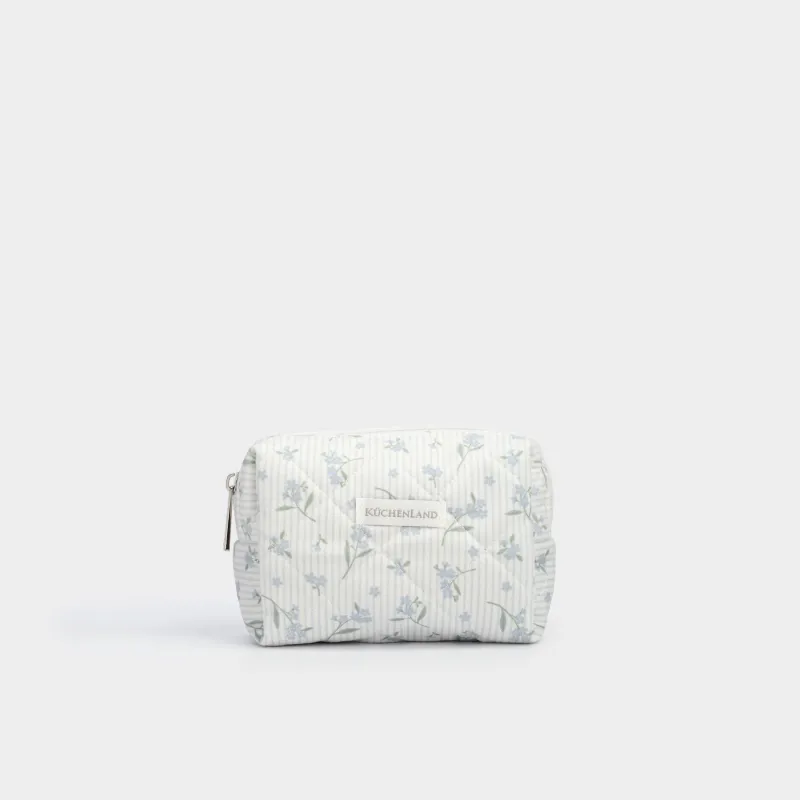 Makeup bag, 15x10 cm, quilted, polyester, white, Flowers, Stitch flowers