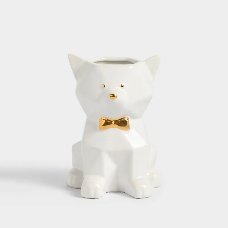 Bathroom tumbler, 14 cm, ceramic, white and gold, Cat, Art modern