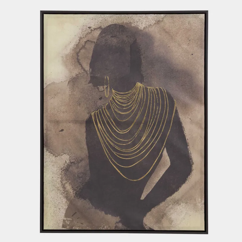 Framed painting, 78x103 cm, canvas, brown and black, Girl with gold chain, Abstract
