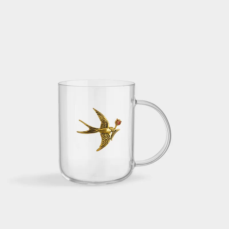 Mug, 450 ml, glass B / metal, Golden swallow, Lux elements