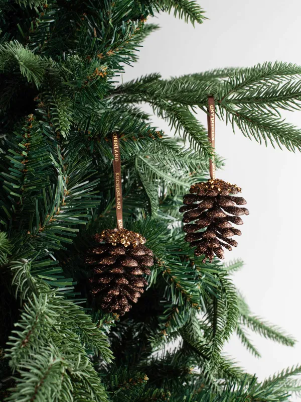 Christmas tree toy, 5 cm, 2 pcs, plastic, bronze, Cone, Figure sparkle, image-2