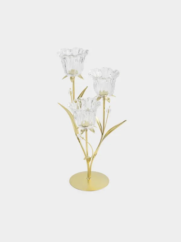 Candlestick, 47 cm, 3 tea candles, glass / metal, golden, Flowers, Fantastic flowers, image-0