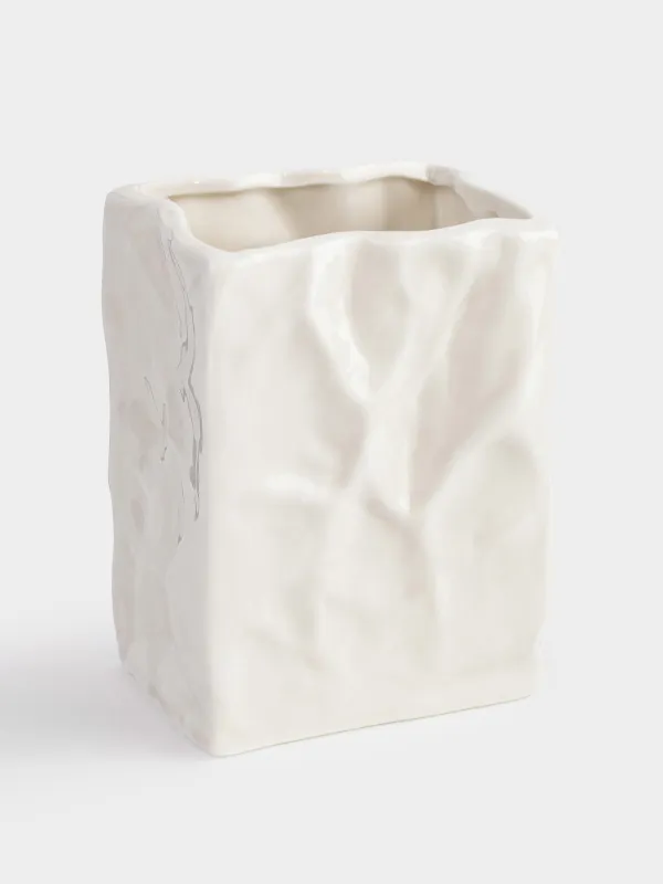 Toothbrush holder, 12 cm, porcelain P, grey-beige, Crumpled effect, Crumple bath, image-1