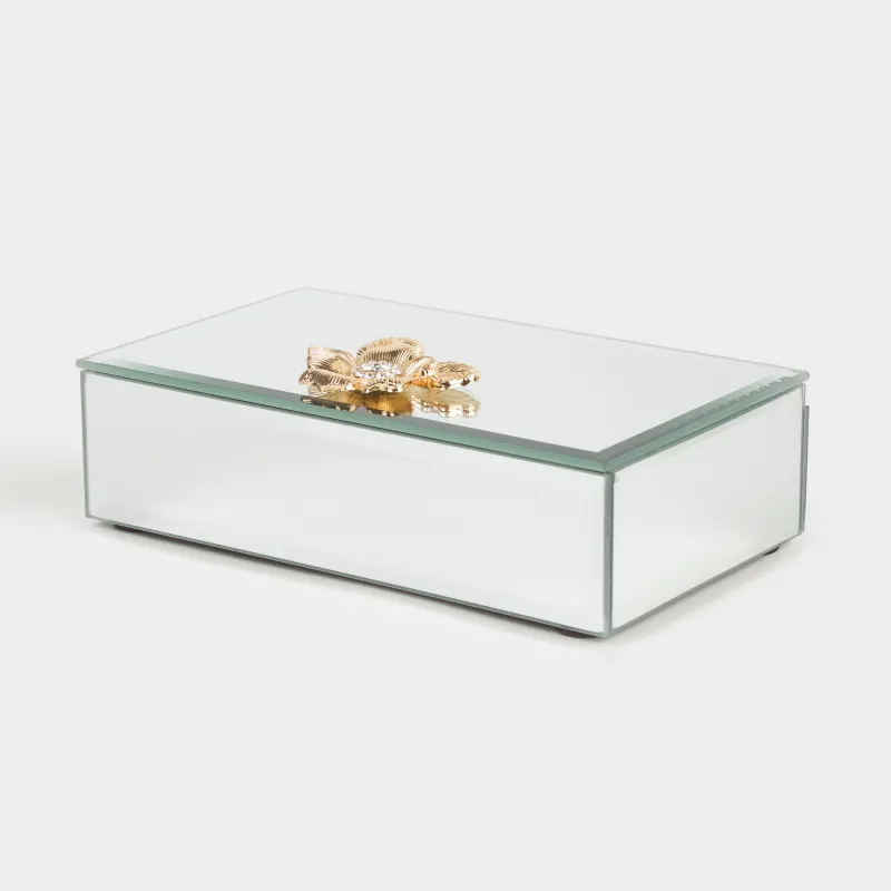 Jewelry box, 15x9 cm, glass, Mirror, Golden flower, Glossy