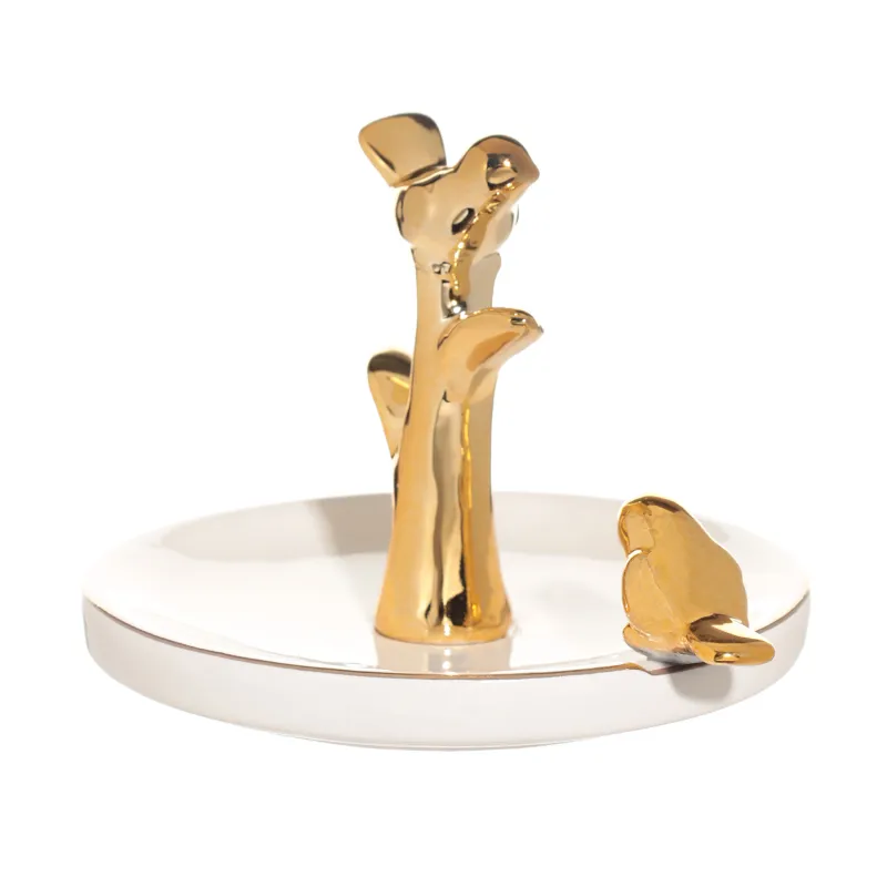 Jewelry holder, 13 cm, ceramic, white and gold, Birds on a branch, Paradise garden, image-1