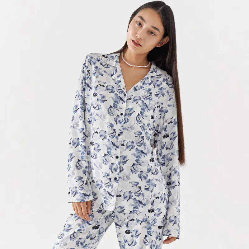 Women's shirt, homewear, size L, with long sleeves, viscose, blue and white, Leaves, Lori