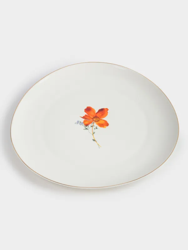 Dinner plate, 28 cm, porcelain N, white, with golden edging, wildflowers, Yarrow, image-1