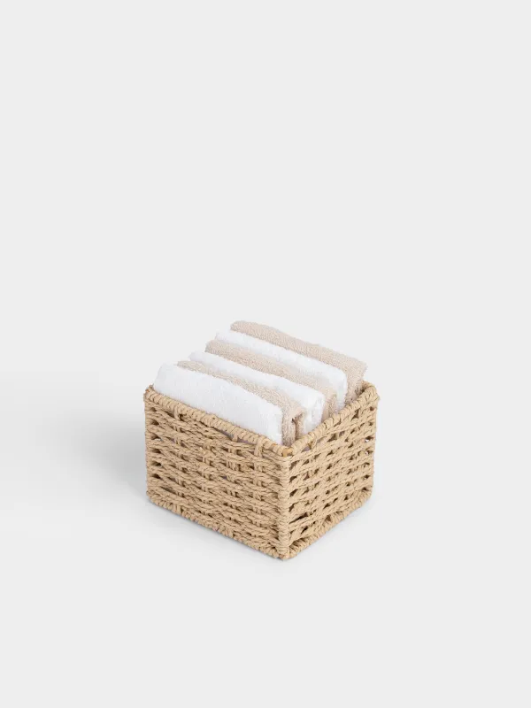 Towel, 30x30 cm, 6 pcs, in a basket with a bow, cotton, beige/white, Basket towel, image-1