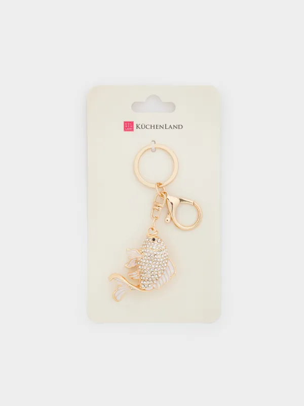 Keychain, 12 cm, metal / rhinestones, gold, Fish, Keychain crystal, image-5