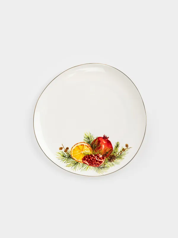 Dinner plate, 28 cm, porcelain N, white, with golden edging, Pomegranates and orange, Christmas miracle, image-0