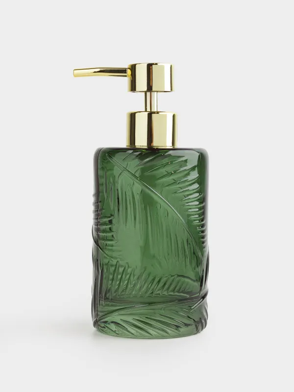 Liquid soap dispenser, 350 ml, glass, Green, Tropical leaves, Tropical leaves, image-2