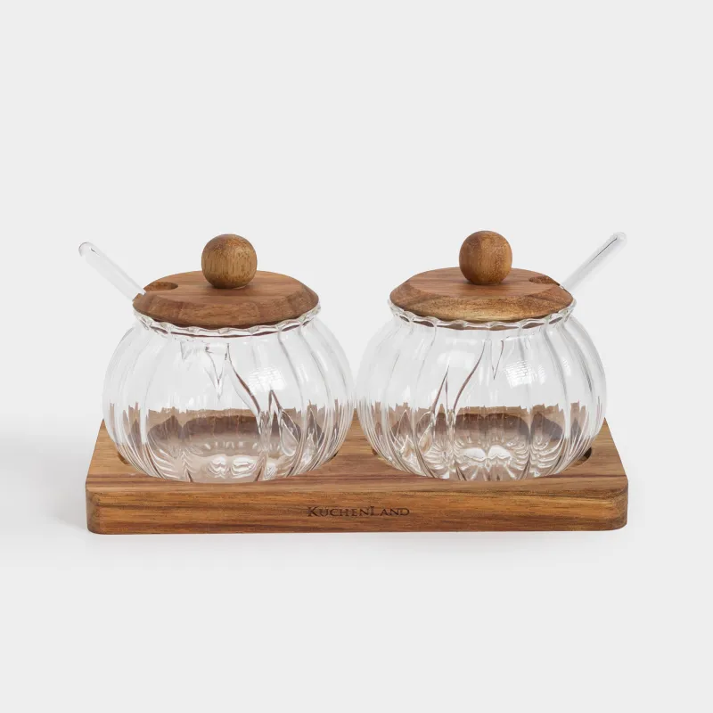 Jam bowl, 300 ml, 2 pcs, with spoon, on stand, glass / wood, Noble tree