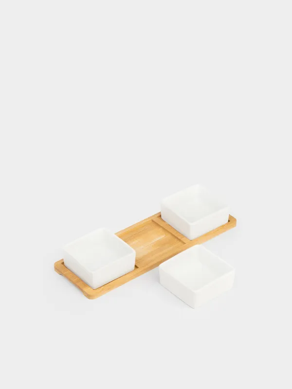 Snack set, 3 items, on a stand, ceramic / bamboo, square bowls, Bamboo, image-2