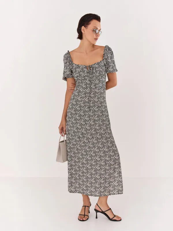 Women's dress, midi, size S, with short sleeves, with a slit, viscose, dark blue, Flowers, Drina, image-0