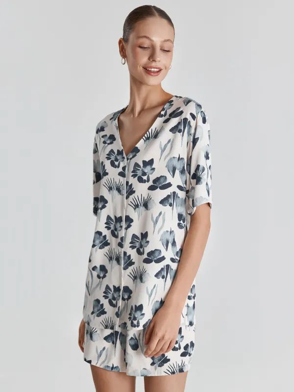 Women's shirt, home, size S, short sleeve, viscose, milk, Blue flowers, Telia, image-4