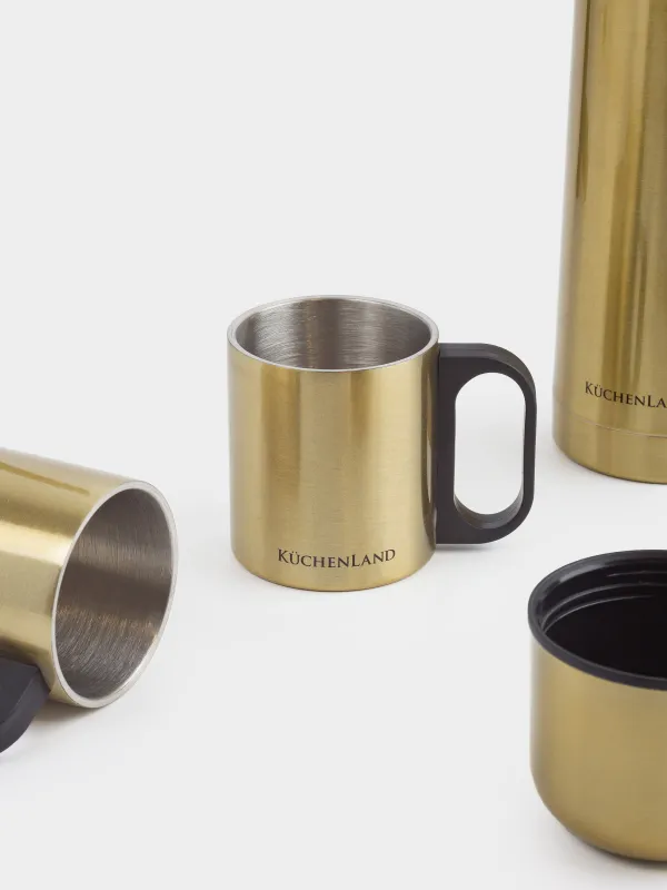 Set for drinks, 2 persons, 3 items, travel, thermos 750 ml, steel / plastic, golden, Classic gold, image-5