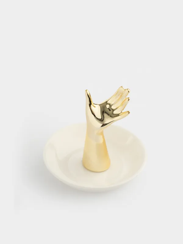 Jewelry holder, 10 cm, ceramic, white and gold, Hand, Hand, image-1