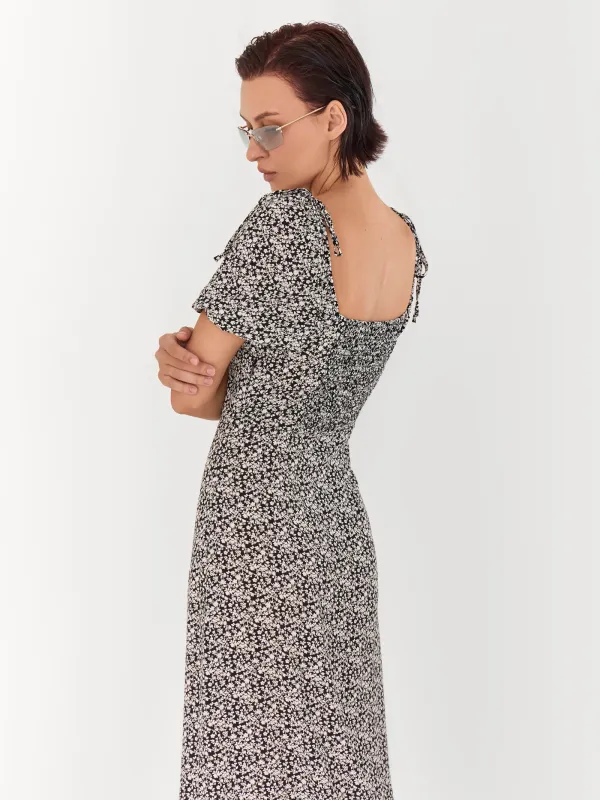 Women's dress, midi, size S, with short sleeves, with a slit, viscose, dark blue, Flowers, Drina, image-4