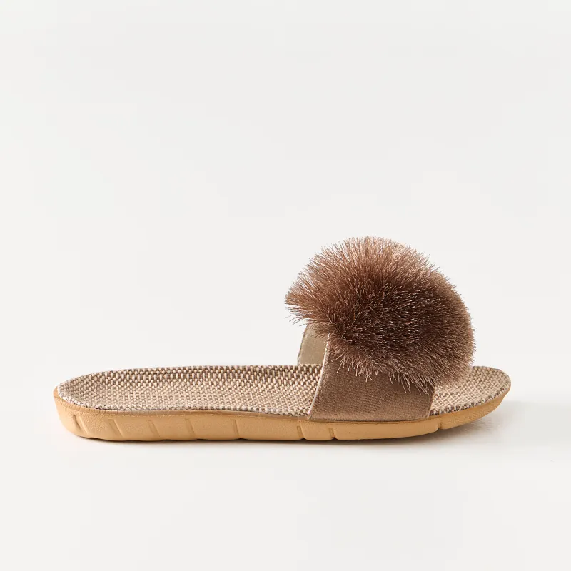 Women's slippers, size 35-36, with pompom, polyester / linen, brown, Pompon