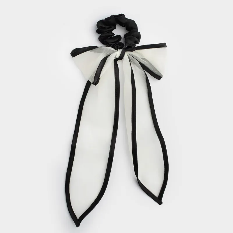 Elastic band for hair, 29 cm, with bow, polyester, beige-black, Hairstyle