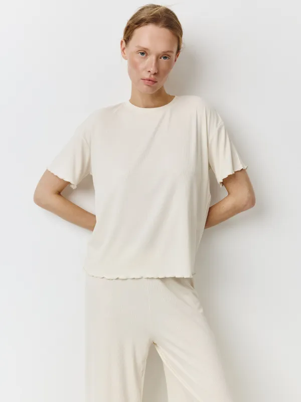 Women's T-shirt, homewear, size S, ruffle, modal / spandex, milky, Rosemary, image-0
