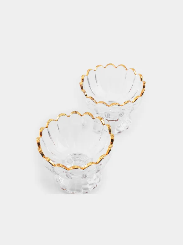 Cream bowl, 7 cm, 2 pcs, on a leg, glass R, with golden edging, Ribby gold, image-2
