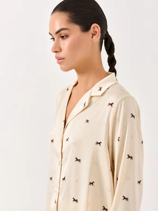 Women's shirt, homewear, size L, with long sleeves, polyester / elastane, milky, Horses, Luanne, image-1