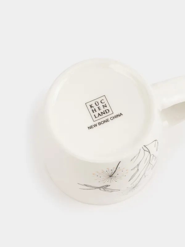 Mug, 380 ml, porcelain N, white, with golden edging, Dragonflies and dandelions, Dragonfly, image-2