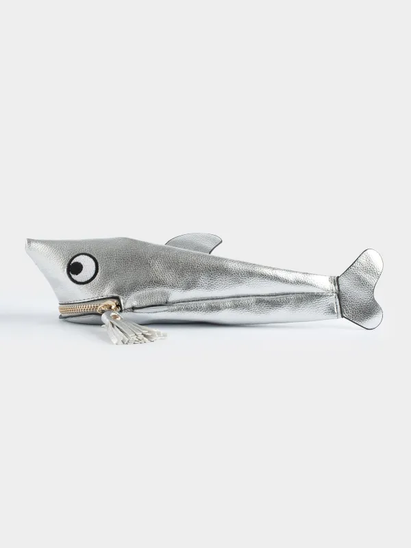Pencil case, 25x9 cm, polyurethane, silver, Shark, Aquatic animals, image-0