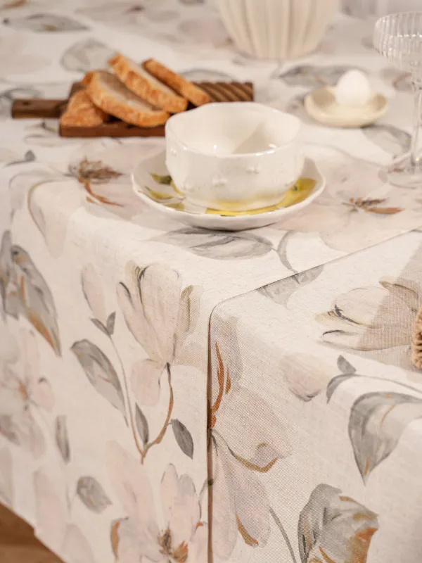Table runner, 40x160 cm, polyester / linen, milky yellow, Flowers, Flowery flax, image-3