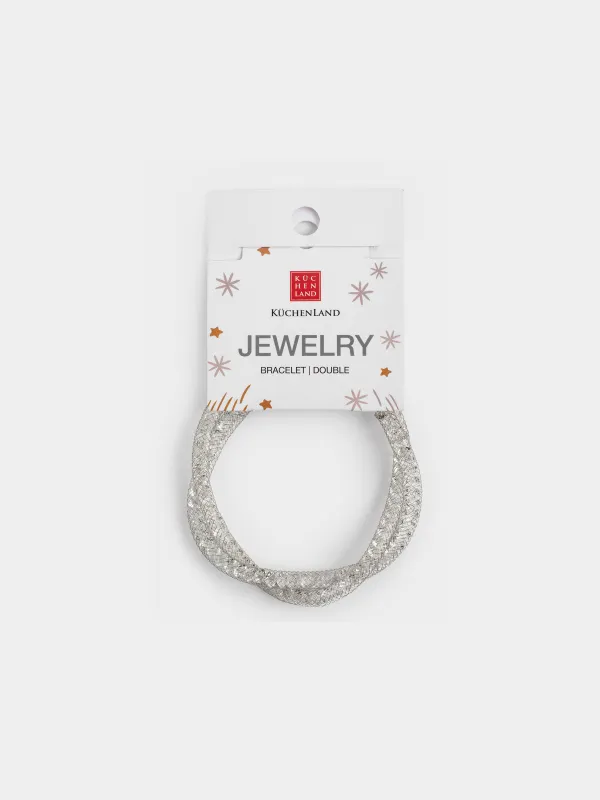 A bracelet, 24 cm, double, metal / rhinestones, silver, Weaving, Jewelry, image-4