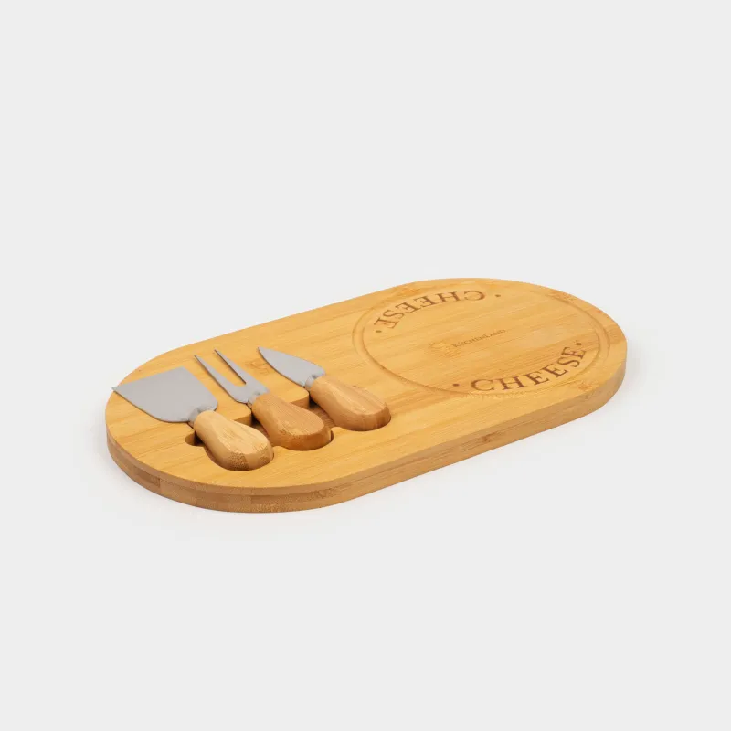 Cheese set, 4 pcs, stand board, Steel / Bamboo, Oval, Cheese