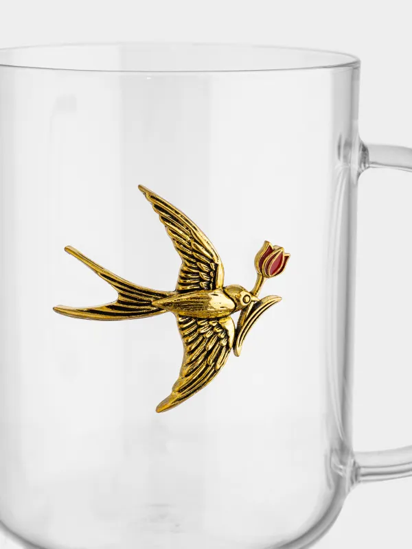 Mug, 450 ml, glass B / metal, Golden swallow, Lux elements, image-1