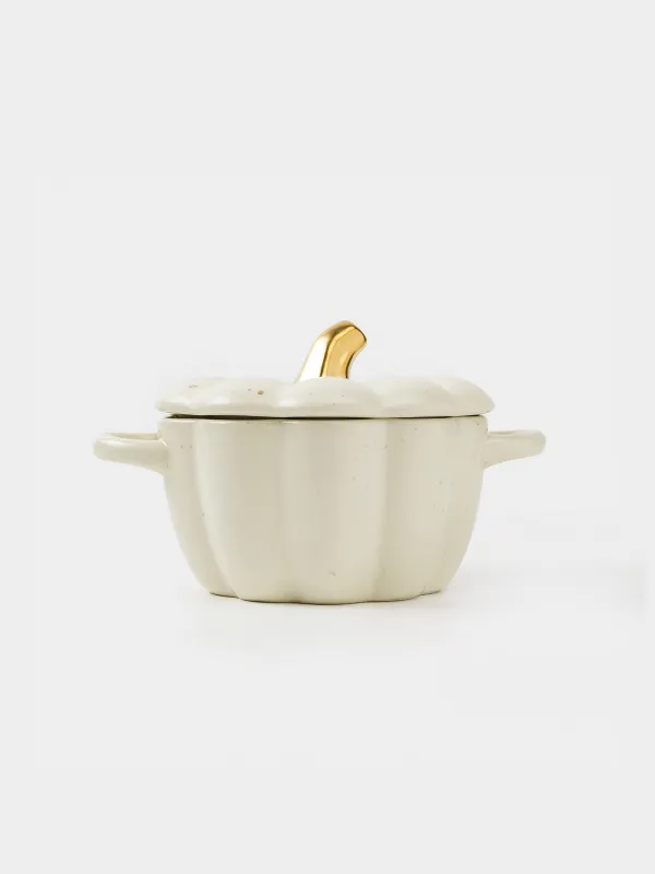 Cocotte, 11 cm, 340 ml, with lid, ceramic, milky golden, speckled, Pumpkin, Gourd, image-1
