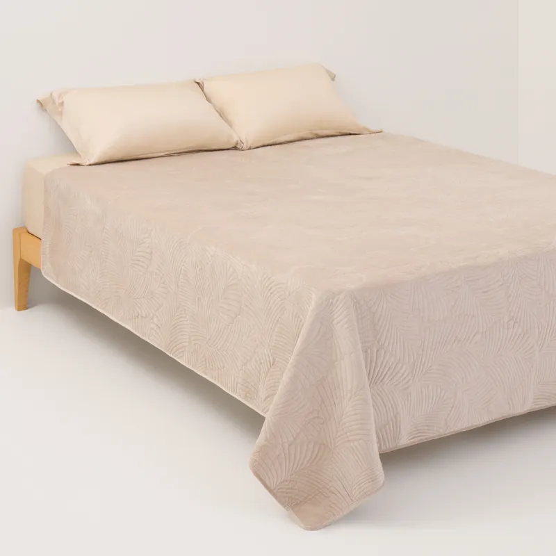 Bedspread, 220x240 cm, quilted, polyester, beige / gray, Palm leaf, Stitch velvet
