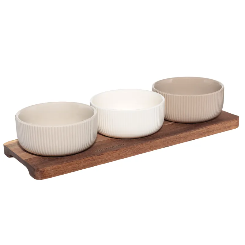 Snack set, 3 pcs, on a stand, ceramic / wood, mix, Ribbed bowls, Noble tree