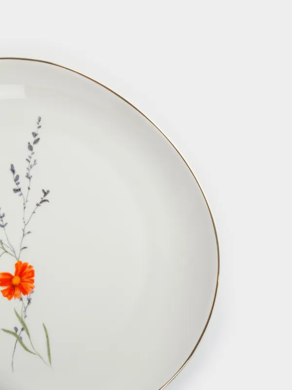 Snack plate, 21 cm, porcelain N, white, with golden edging, wildflowers, Yarrow, image-3